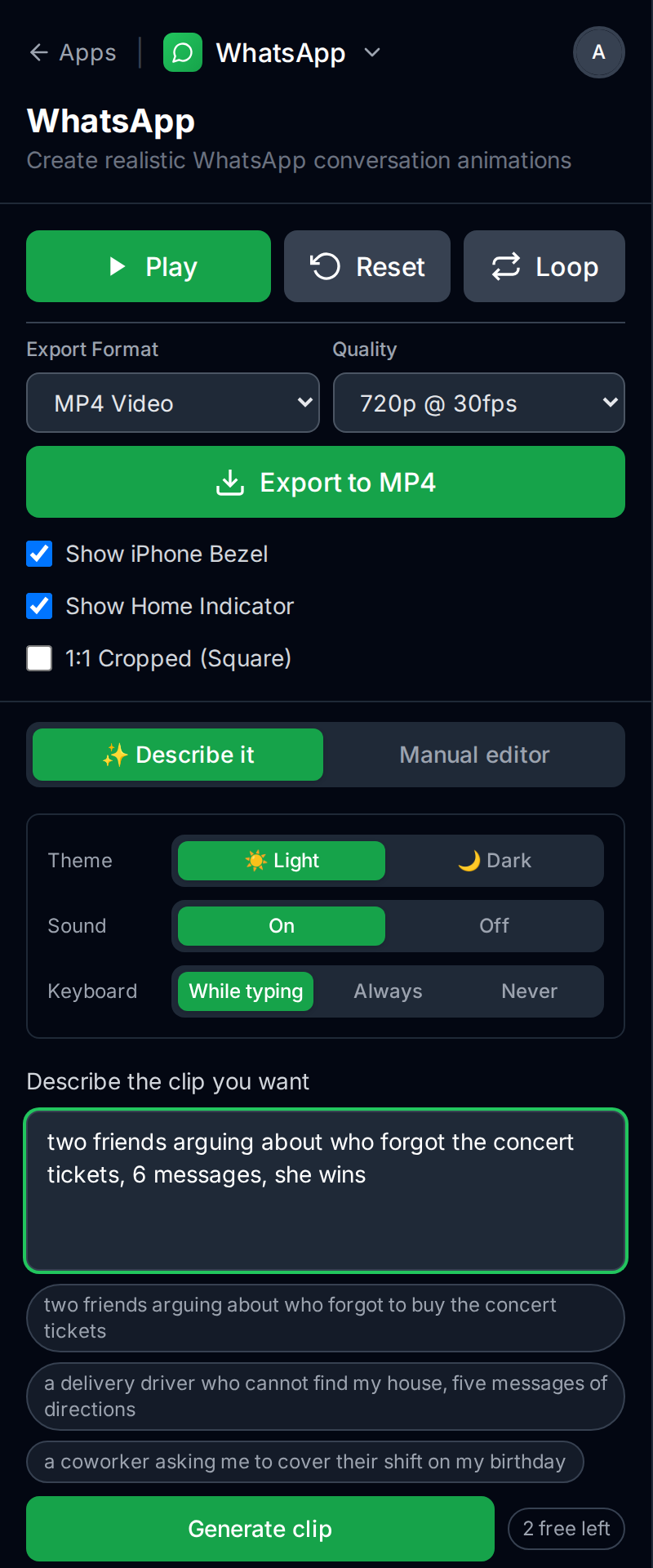 The Describe it panel on MockClip's WhatsApp template with a description typed in, three example prompt chips underneath, the Generate clip button and the '2 free left' allowance chip