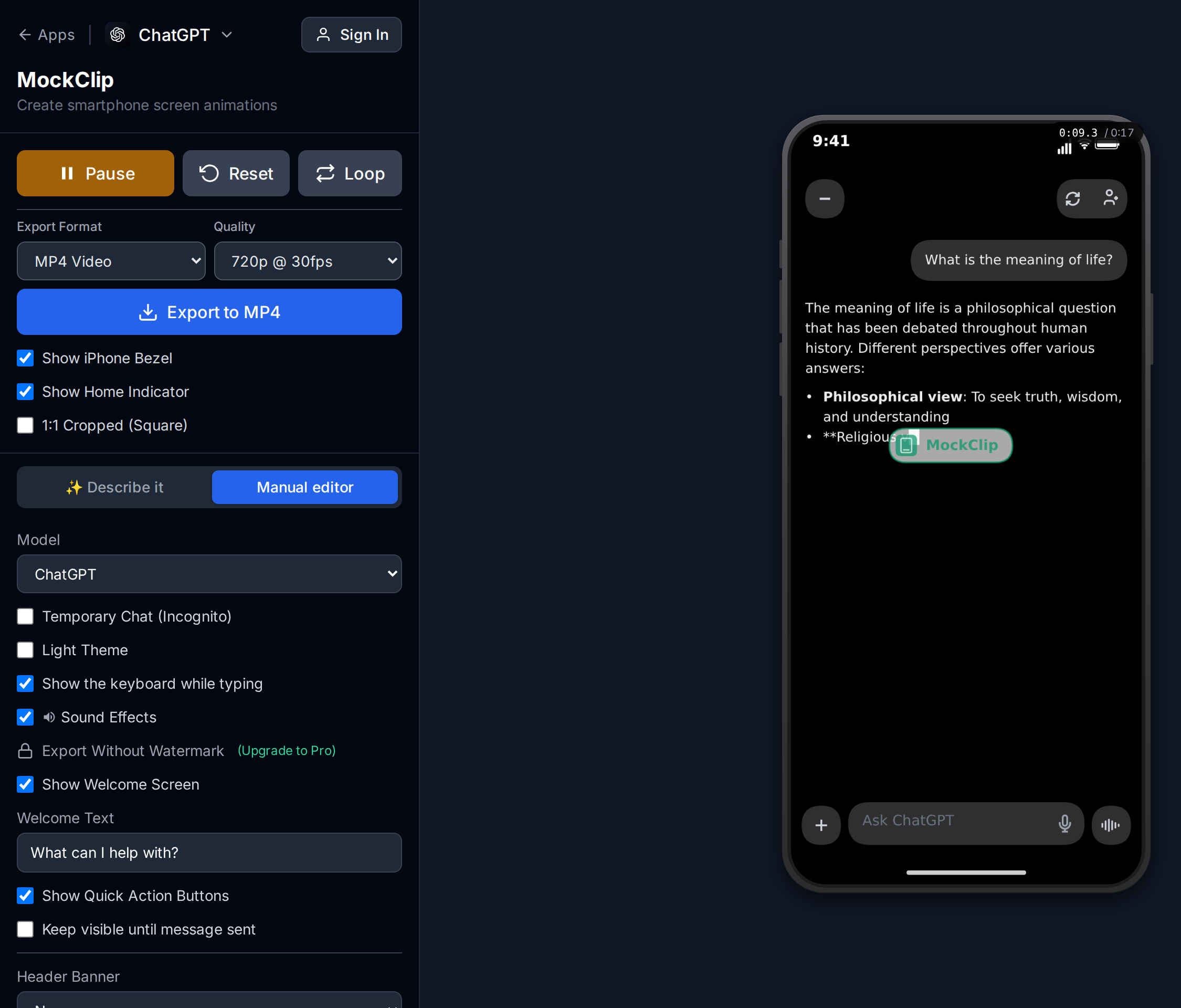 MockClip's ChatGPT editor in dark mode: the manual editor settings on the left and the preview streaming a reply on the right
