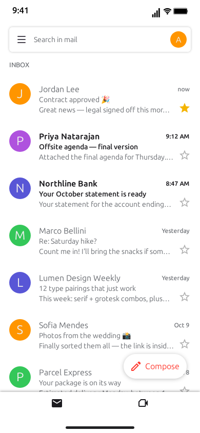MockClip Gmail inbox in light theme at the end of a clip: Jordan Lee's email at the top of the list, now read and starred gold, with the older rows below it