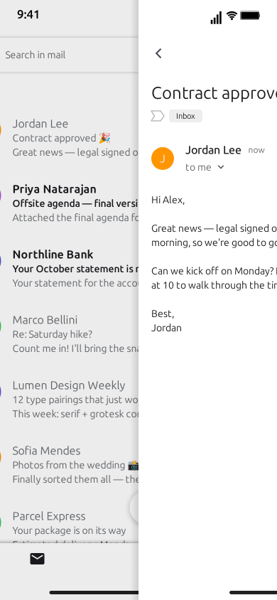 MockClip Gmail mid transition in light theme: the email screen sliding in from the right over the dimmed inbox after the row was tapped