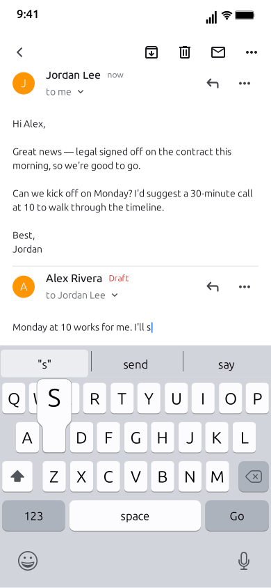 MockClip Gmail email screen in light theme with a reply from Alex Rivera marked Draft in red being typed under Jordan Lee's email, and the iOS keyboard up with word suggestions