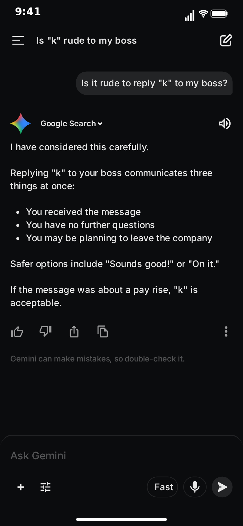 MockClip Gemini chat in dark theme with a formal three-bullet answer to whether replying 'k' to a boss is rude, ending with a pay rise joke, plus the action row and disclaimer