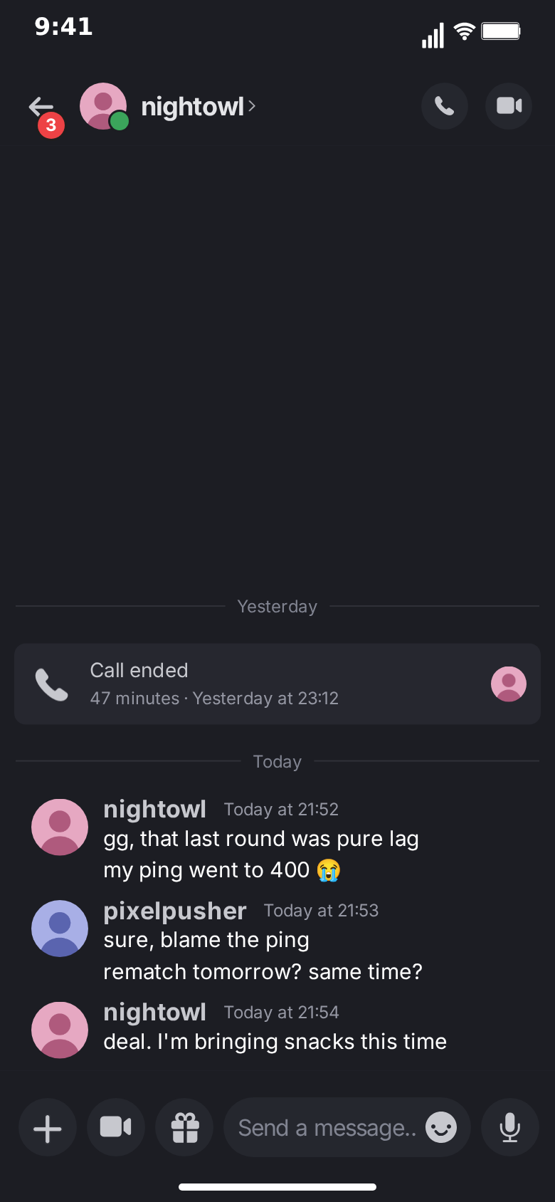 MockClip Discord call card reading Call ended, 47 minutes, Yesterday at 23:12, above a Today divider and grouped messages