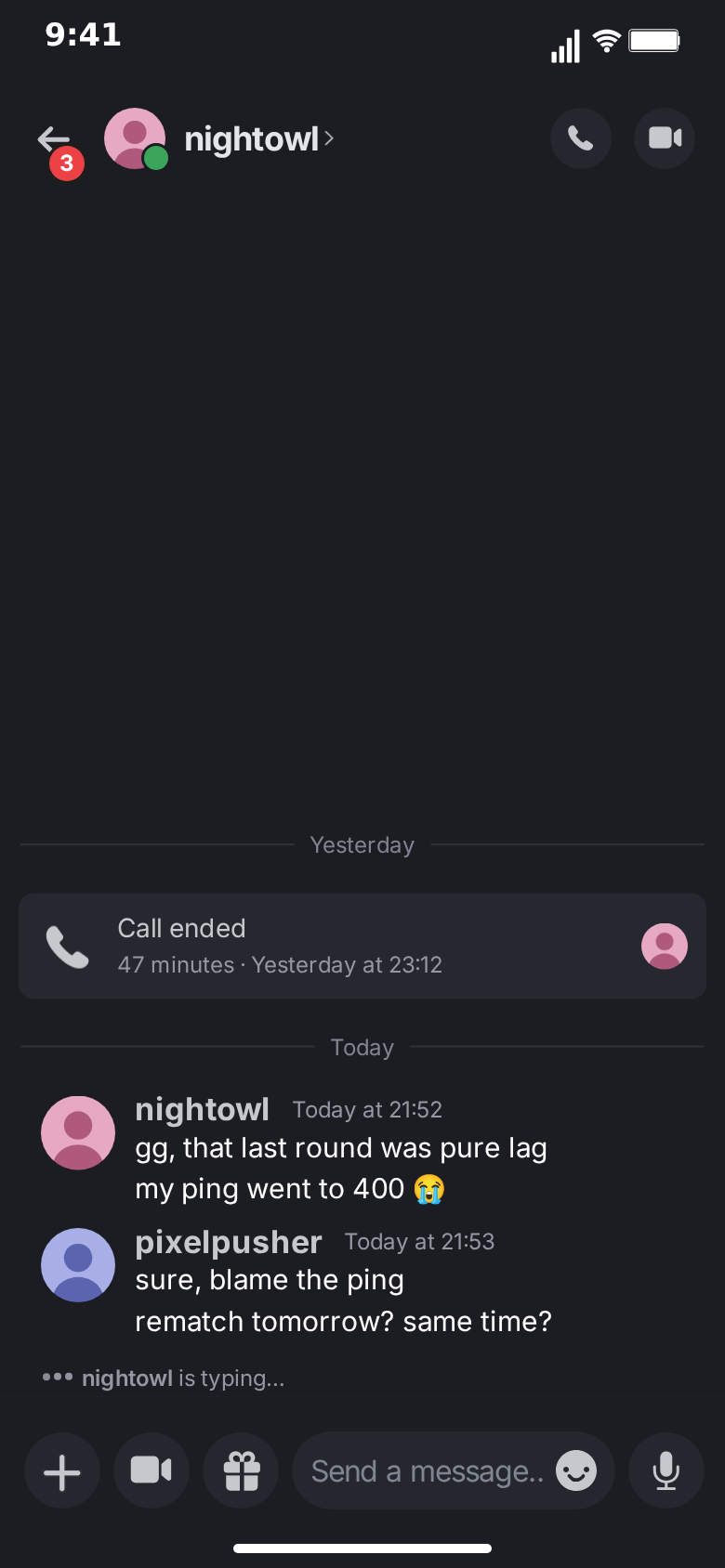 MockClip Discord conversation in dark theme with the typing line above the input bar