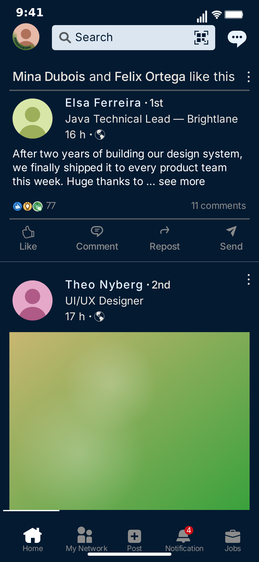 MockClip LinkedIn feed in dark theme: the same two posts on a navy background, white text, grey headlines and times, reaction icons with 77 and '11 comments'