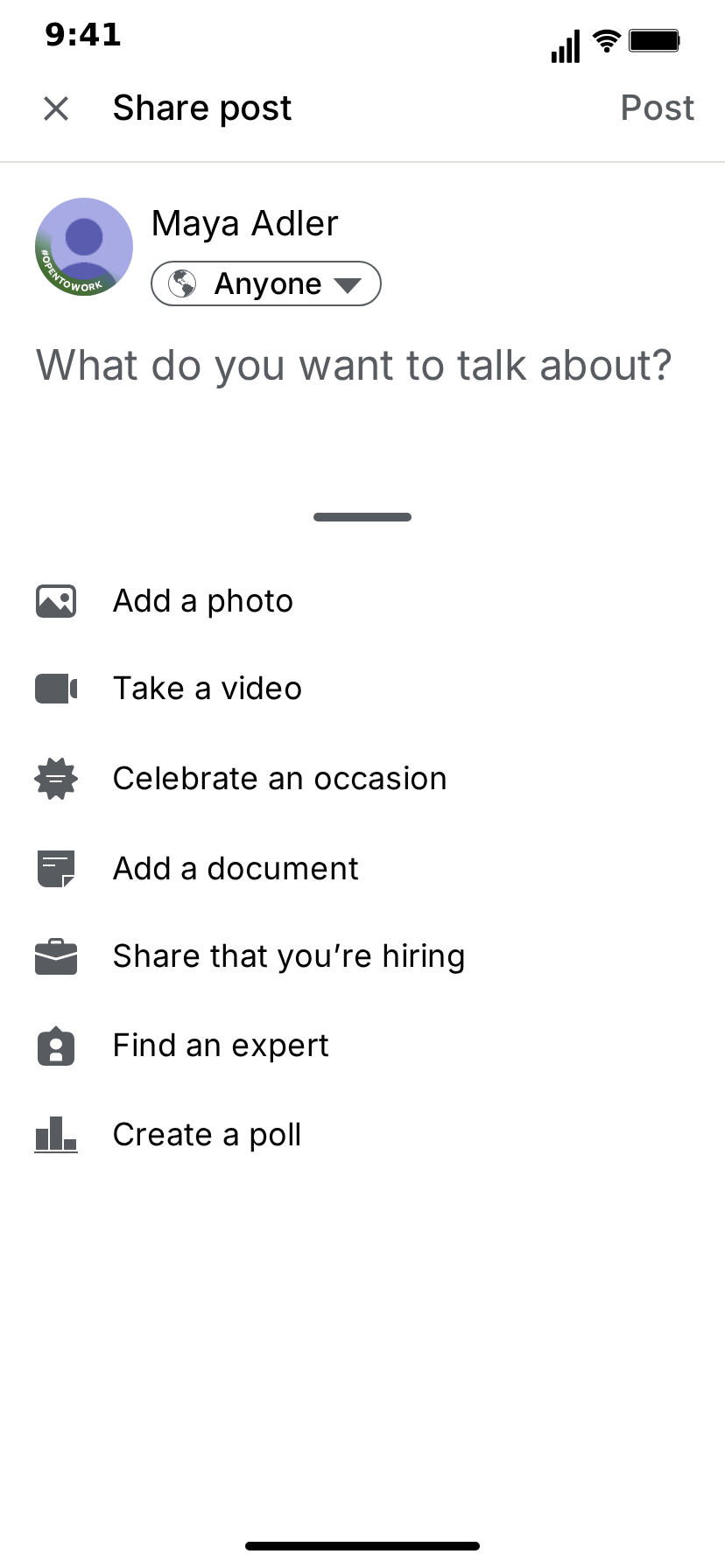 MockClip LinkedIn share screen: a close icon, 'Share post' and a grey Post button, the author's generated avatar and name with an 'Anyone' pill, 'What do you want to talk about?', and a sheet listing Add a photo, Take a video, Celebrate an occasion, Add a document, Share that you're hiring, Find an expert and Create a poll