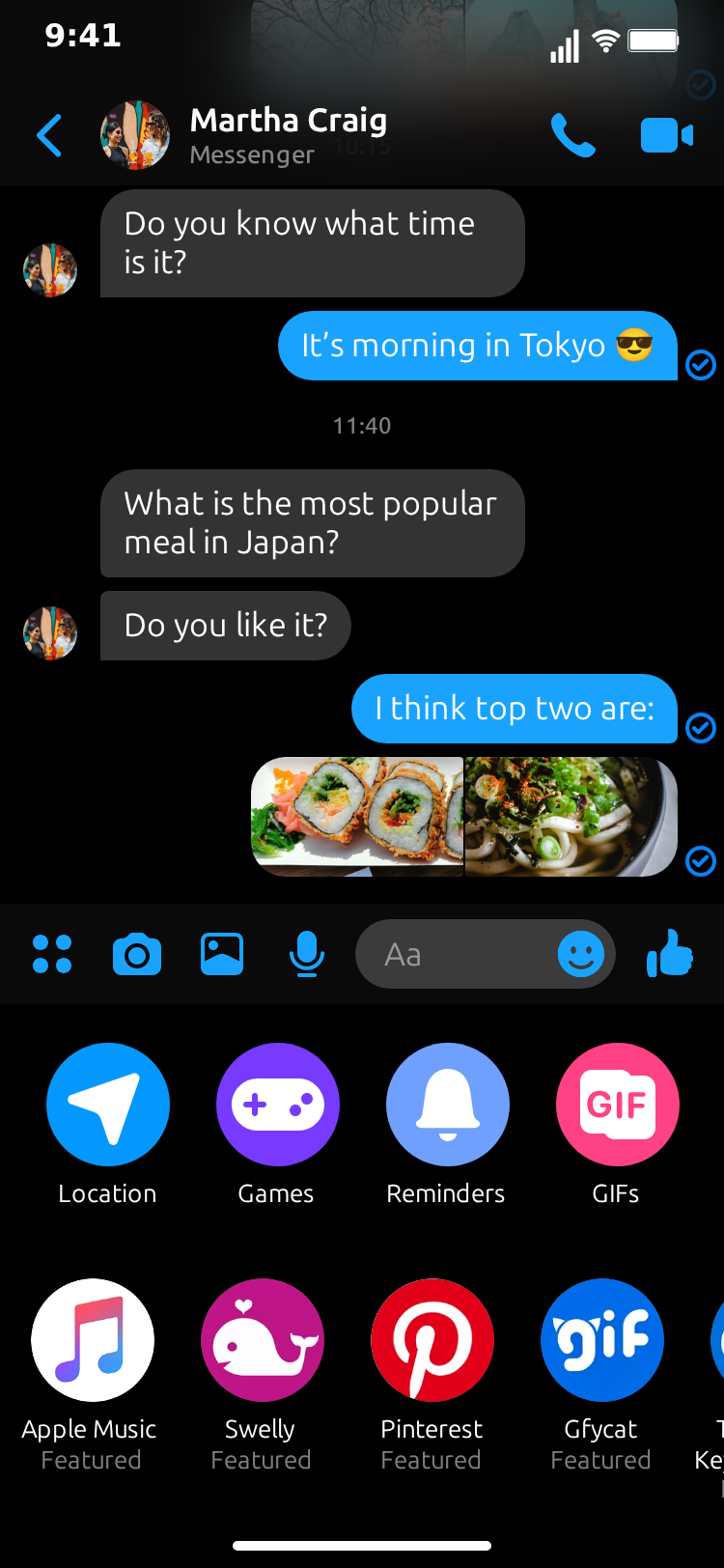 MockClip Messenger chat actions sheet slid up over the conversation in dark theme