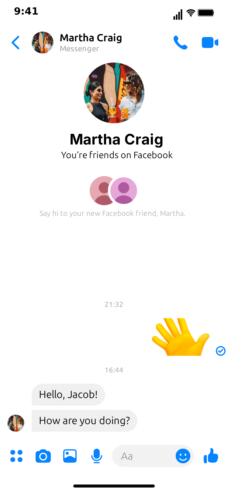 MockClip Messenger conversation in light theme with the "You're friends on Facebook" intro block above the first messages
