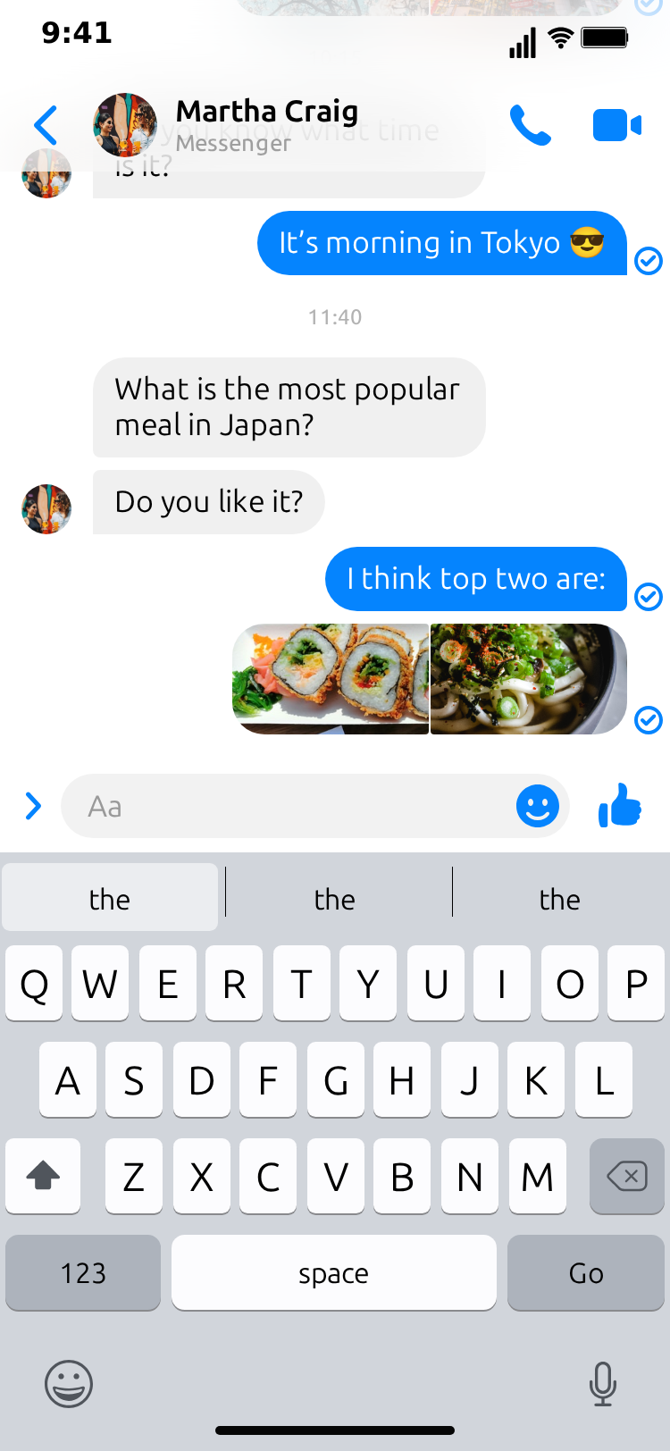 MockClip Messenger conversation in light theme with blue bubbles, a photo grid and the contact's avatar as the read mark