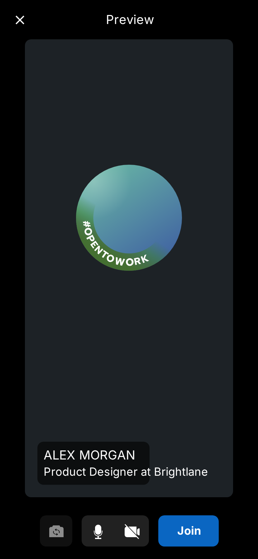 MockClip LinkedIn call preview screen: a dark camera preview with a round generated avatar inside a green #OPENTOWORK ring, the name ALEX MORGAN and the headline 'Product Designer at Brightlane', and a blue Join button under the camera and microphone controls
