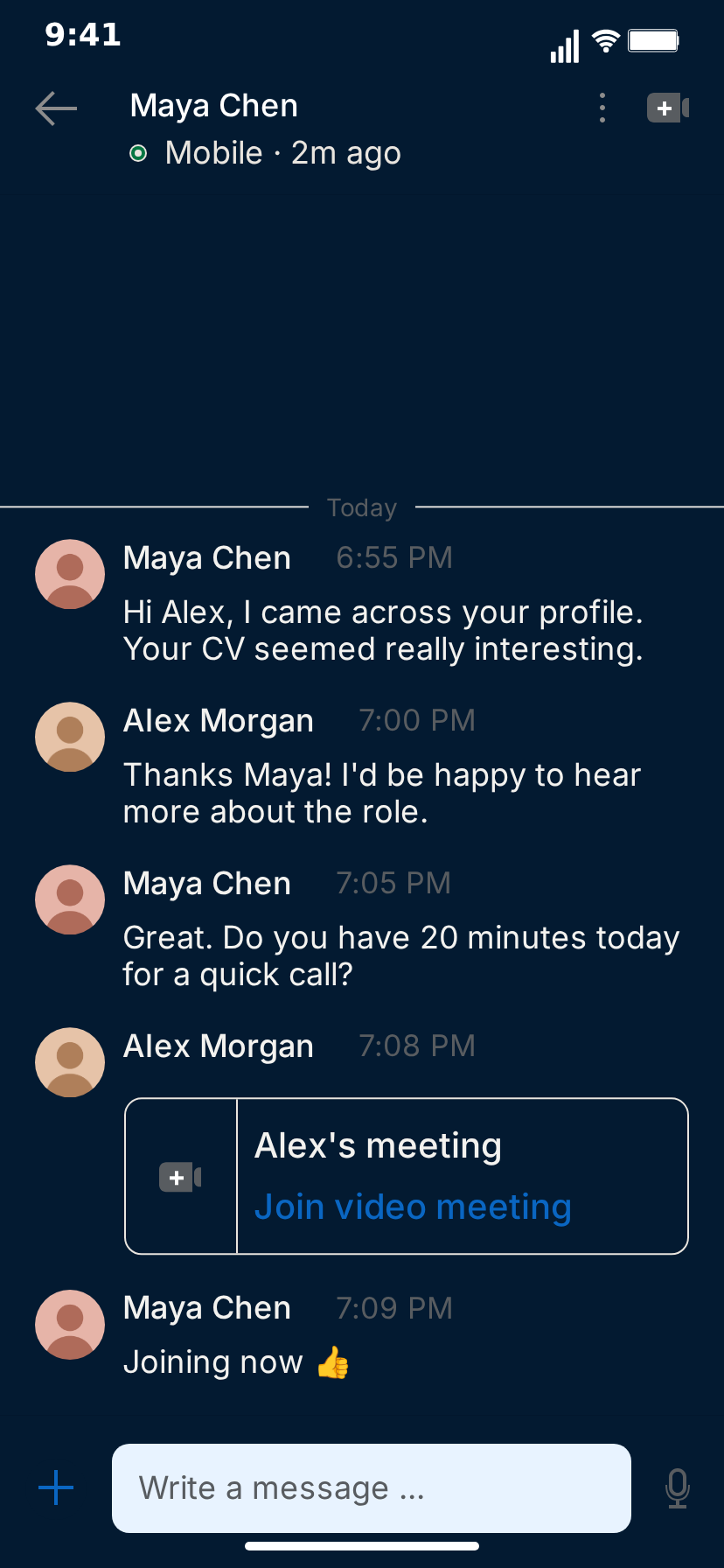 MockClip LinkedIn conversation in dark theme on a navy background: Maya Chen's messages, Alex Morgan's replies, an outlined 'Alex's meeting' card with a blue 'Join video meeting' link and 'Joining now 👍' above the message bar