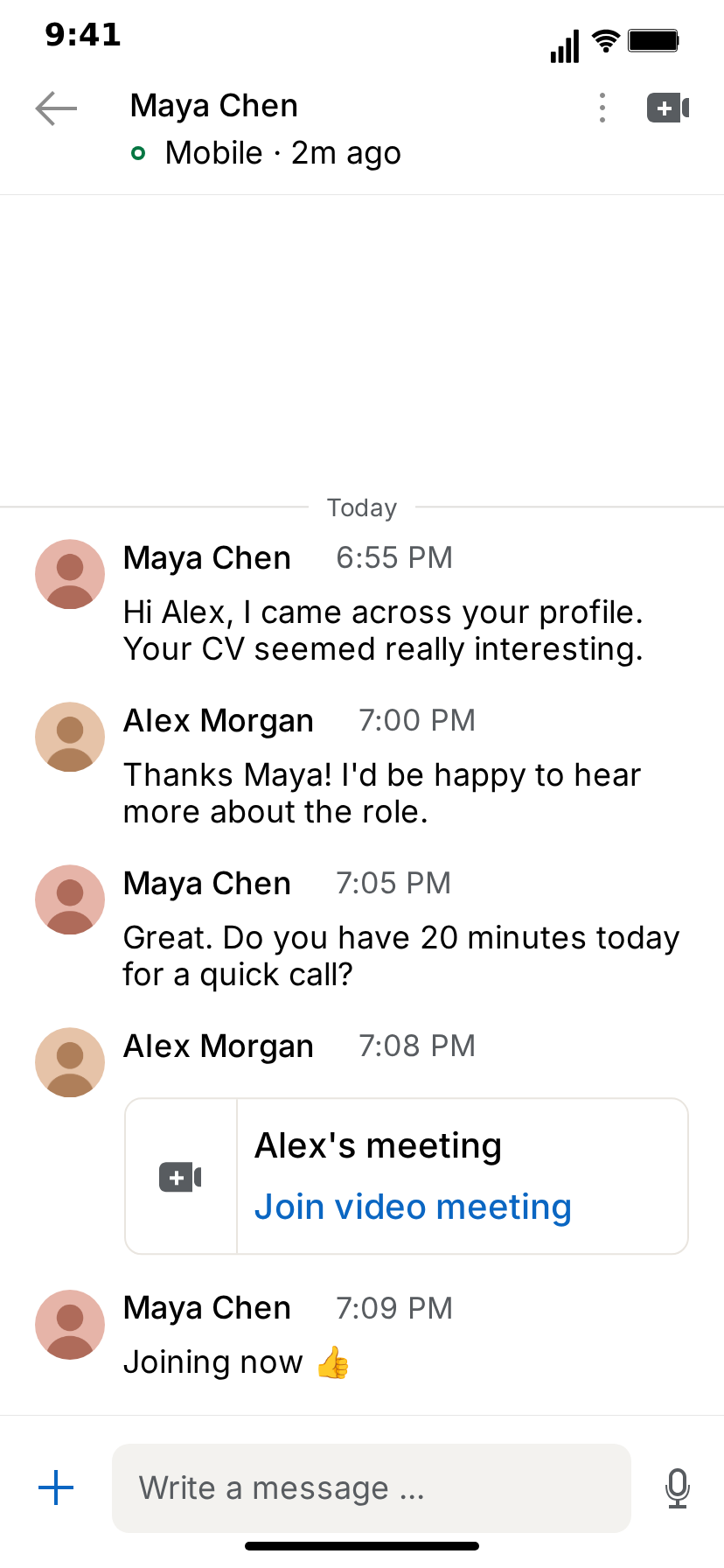 MockClip LinkedIn conversation in light theme: Maya Chen, 'Mobile · 2m ago', writes that Alex Morgan's CV seemed really interesting, Alex replies he would be happy to hear more about the role, Maya asks for a quick 20-minute call, Alex posts an 'Alex's meeting' card with a blue 'Join video meeting' link, and Maya answers 'Joining now 👍'