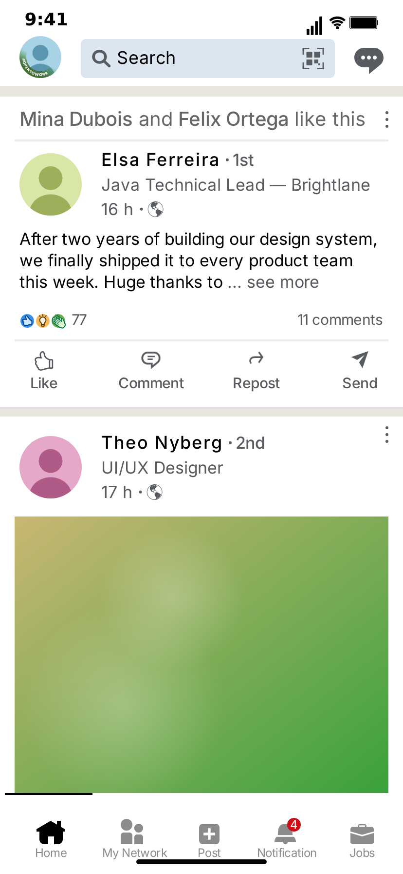MockClip LinkedIn feed in light theme: a post by Elsa Ferreira · 1st with a three-line text ending in '… see more', reaction icons with 77 and '11 comments', then a second post by Theo Nyberg · 2nd with a large photo