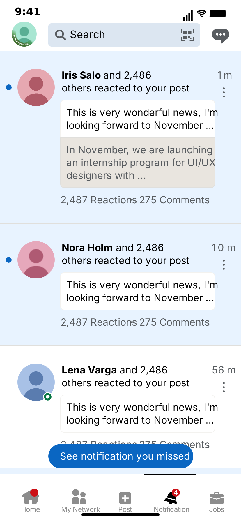MockClip LinkedIn notifications screen in light theme: three rows on a light blue background, each with a generated avatar, a bold name followed by 'and 2,486 others reacted to your post', a quoted comment, '2,487 Reactions · 275 Comments' and a blue 'See notification you missed' button
