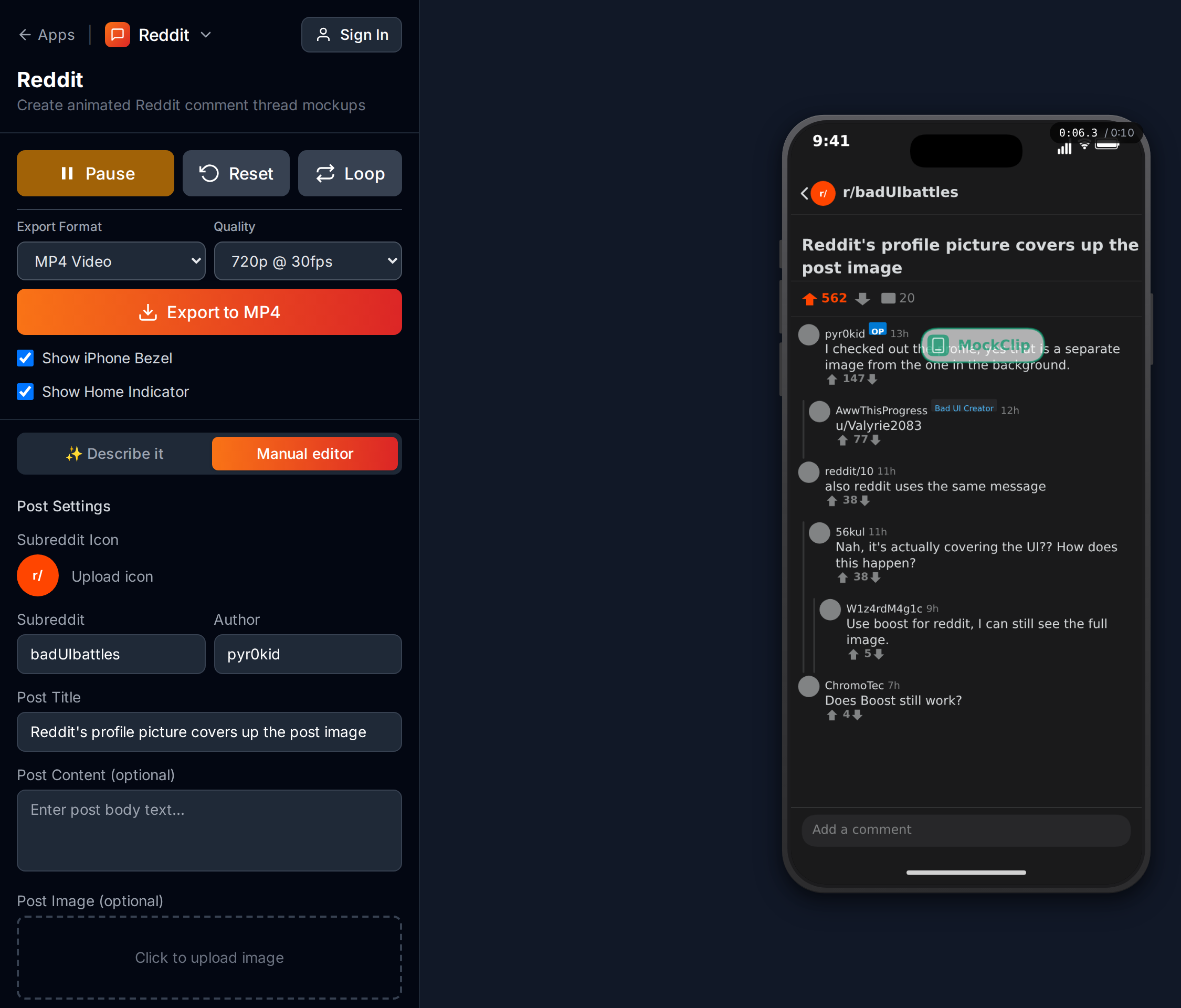 MockClip's Reddit editor: post settings on the left and the thread preview animating comments and votes on the right