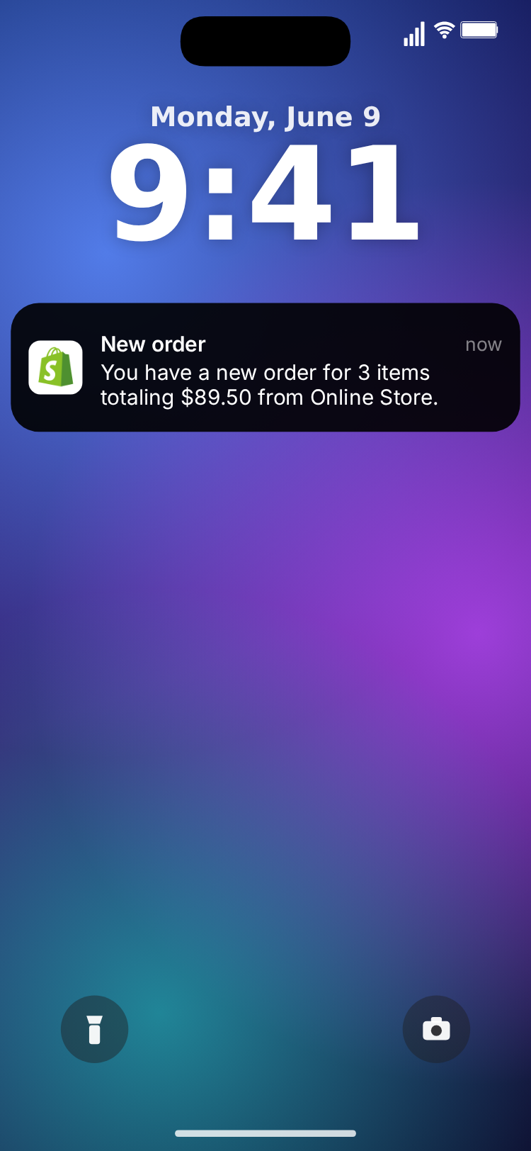 The Shopify notification on an iPhone lock screen: a purple and blue wallpaper, the date and a large 9:41 clock, and the "New order" banner under it