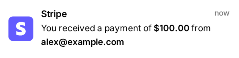 A Stripe payment banner in light mode with the "S" tile, the bold title, "now" on the right and the payment line underneath with the amount in bold