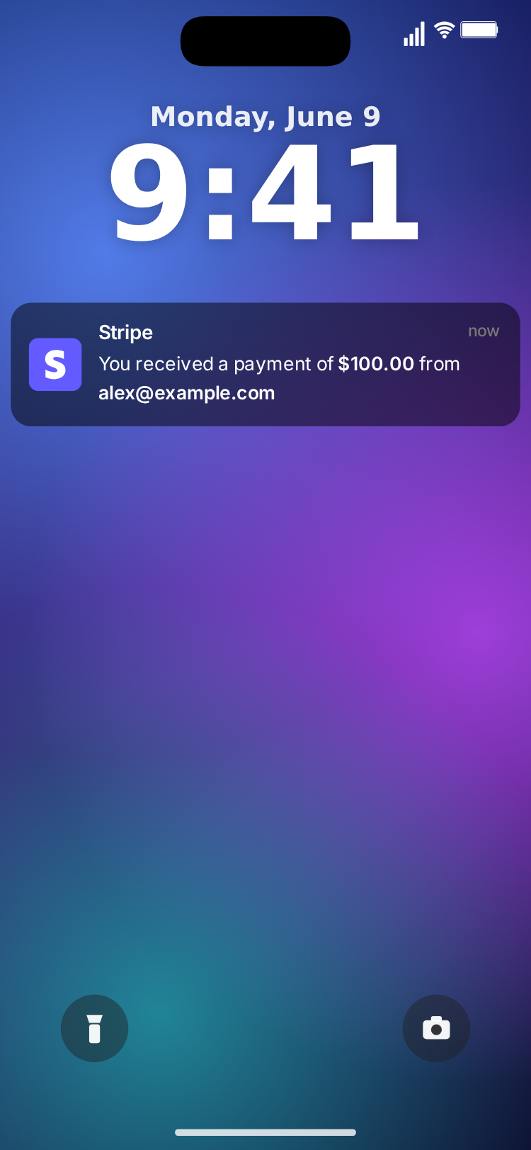 The Stripe notification on an iPhone lock screen: a purple and blue wallpaper, the date and a large 9:41 clock, and the payment banner under it